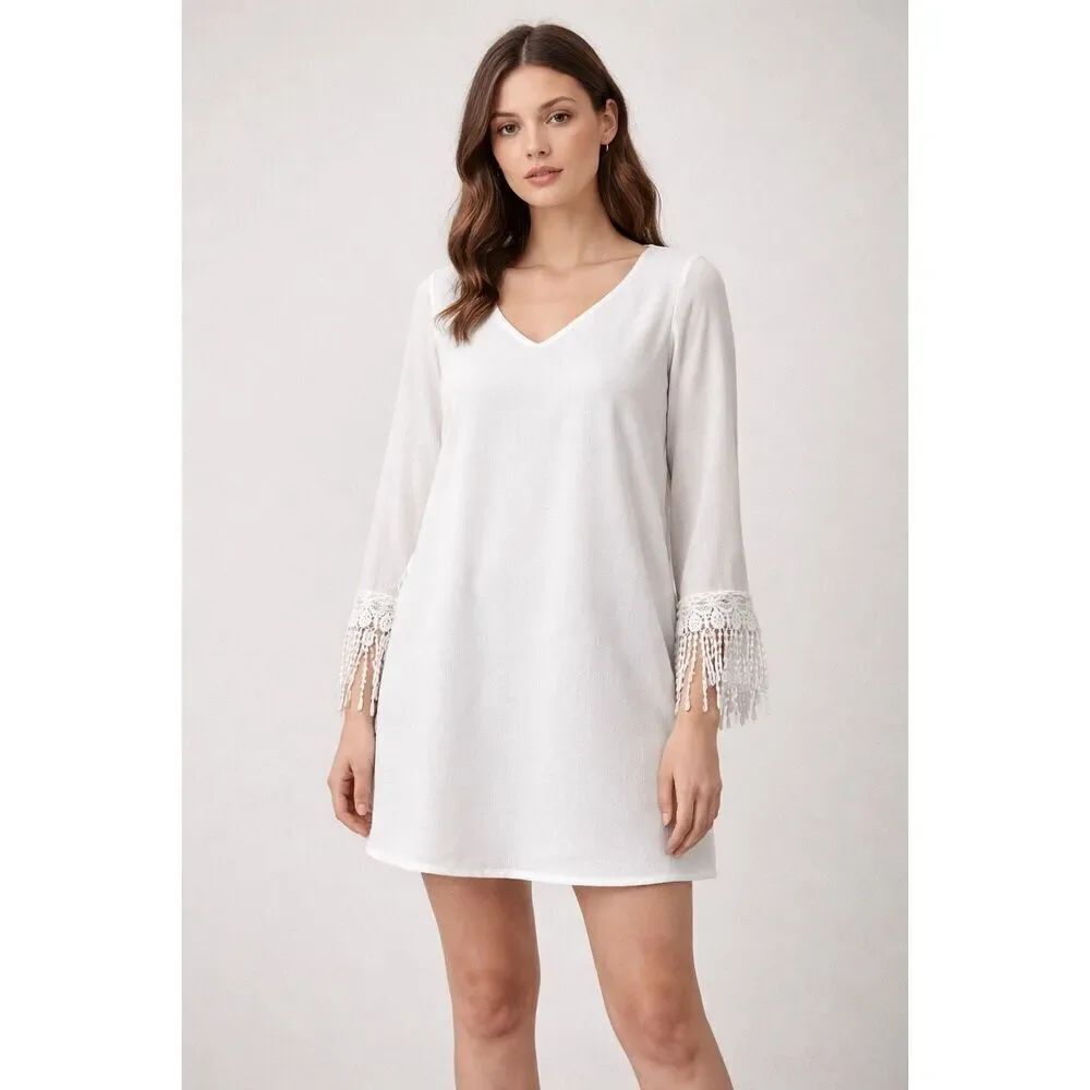 Forever 21 White Boho Tunic Dress Crochet Fringe Sleeve Small